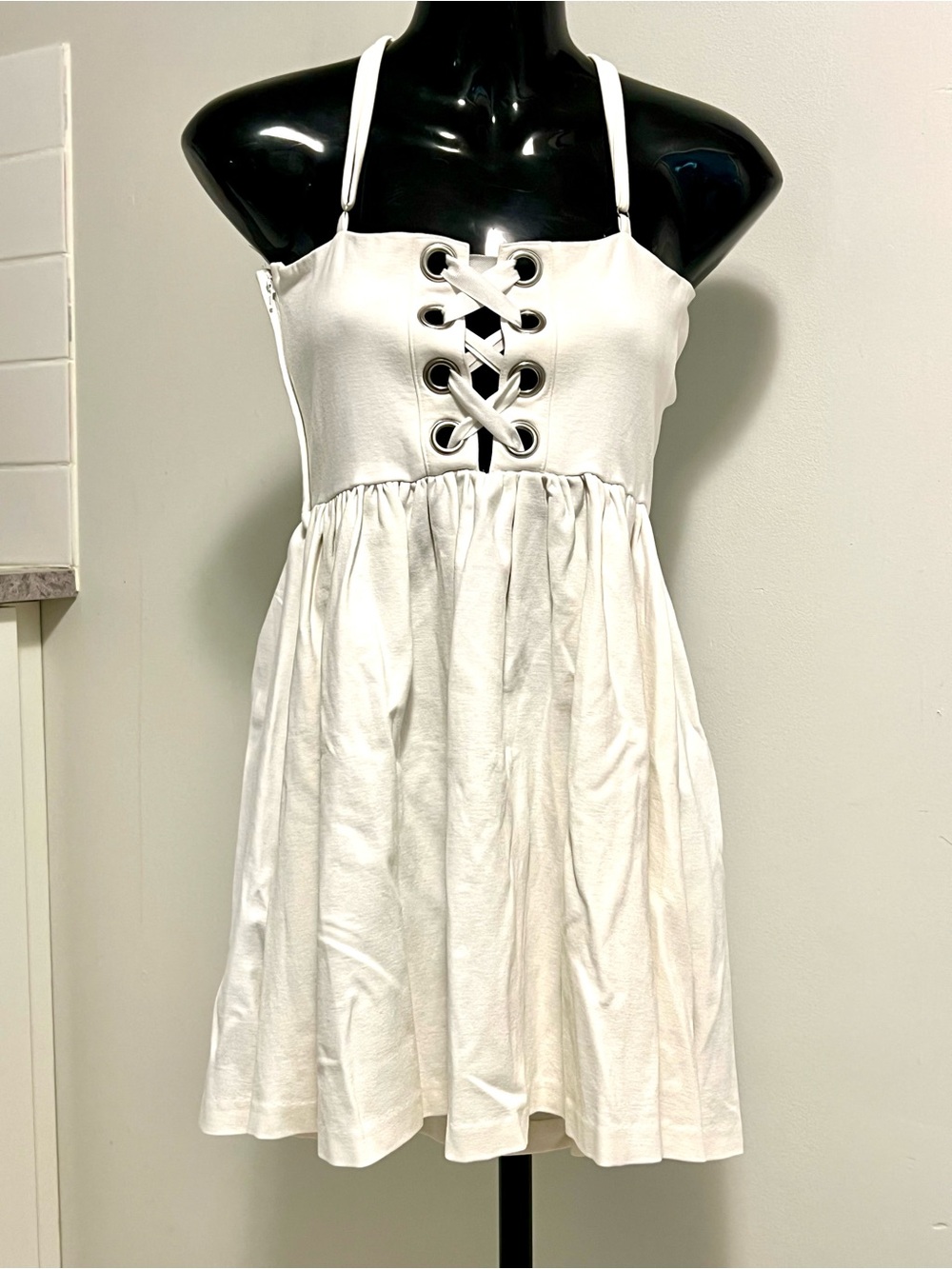 Guess White Lace-Up Spaghetti Strap Mini Dress